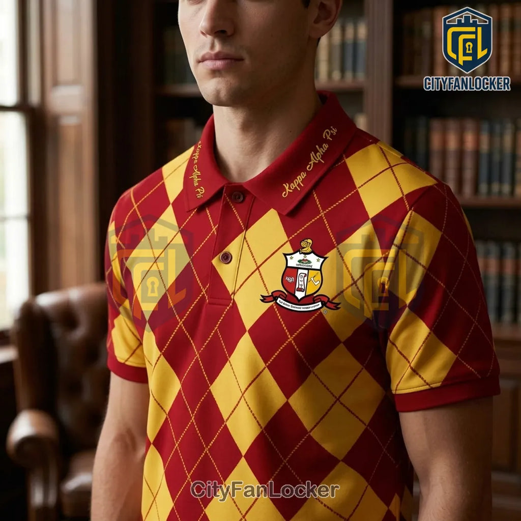 Kappa Alpha Psi Argyle Pattern Crimson and Gold Premium Polo Shirt
