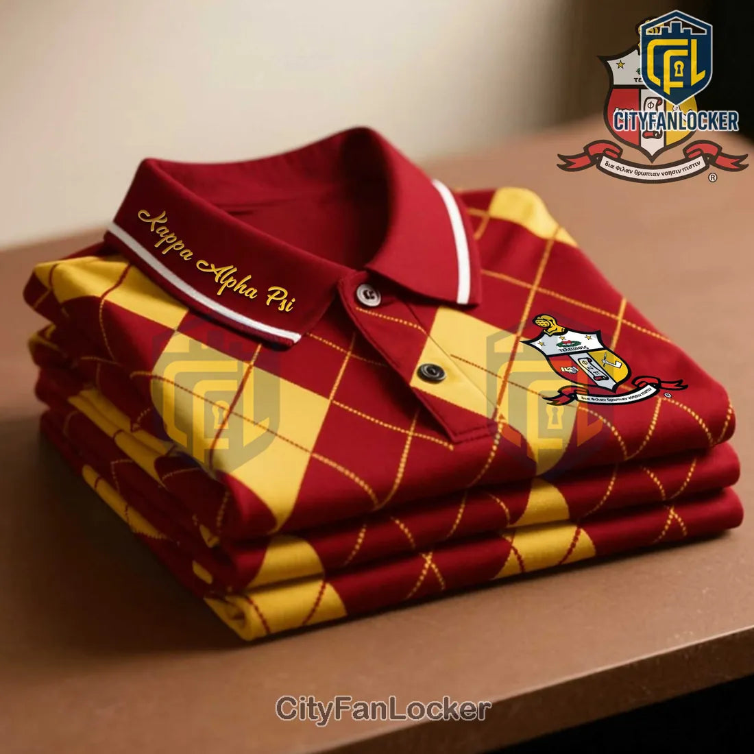 Kappa Alpha Psi Argyle Pattern Crimson and Gold Premium Polo Shirt