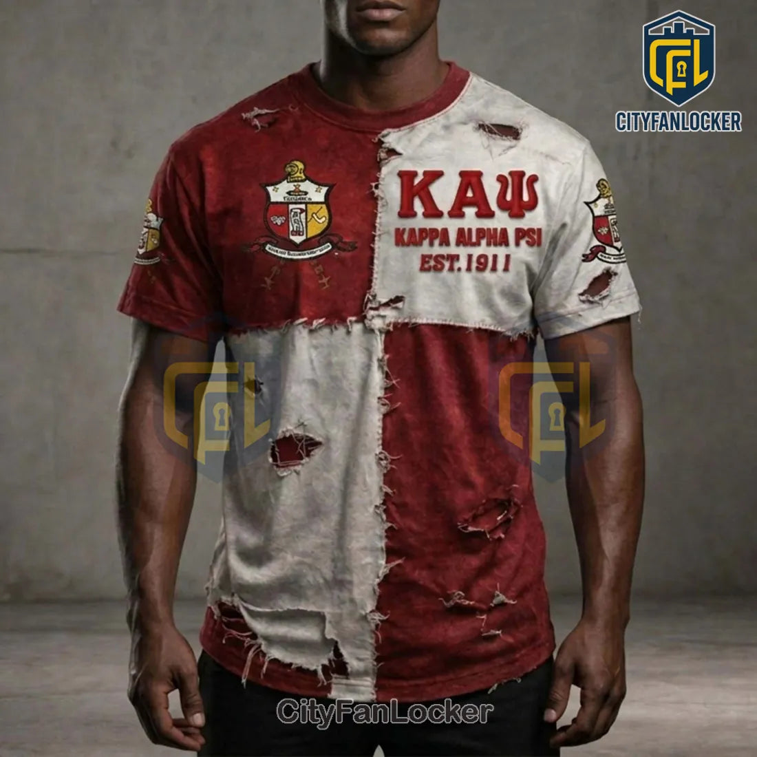 Kappa Alpha Psi Distressed Red & Gray Patchwork T-Shirt