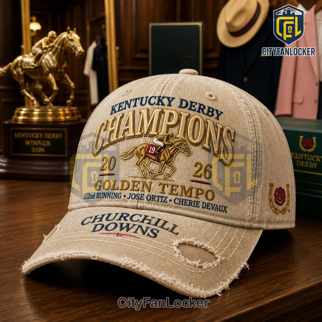 Kentucky Derby 2026 Champions Golden Tempo Distressed Embroidered Cap