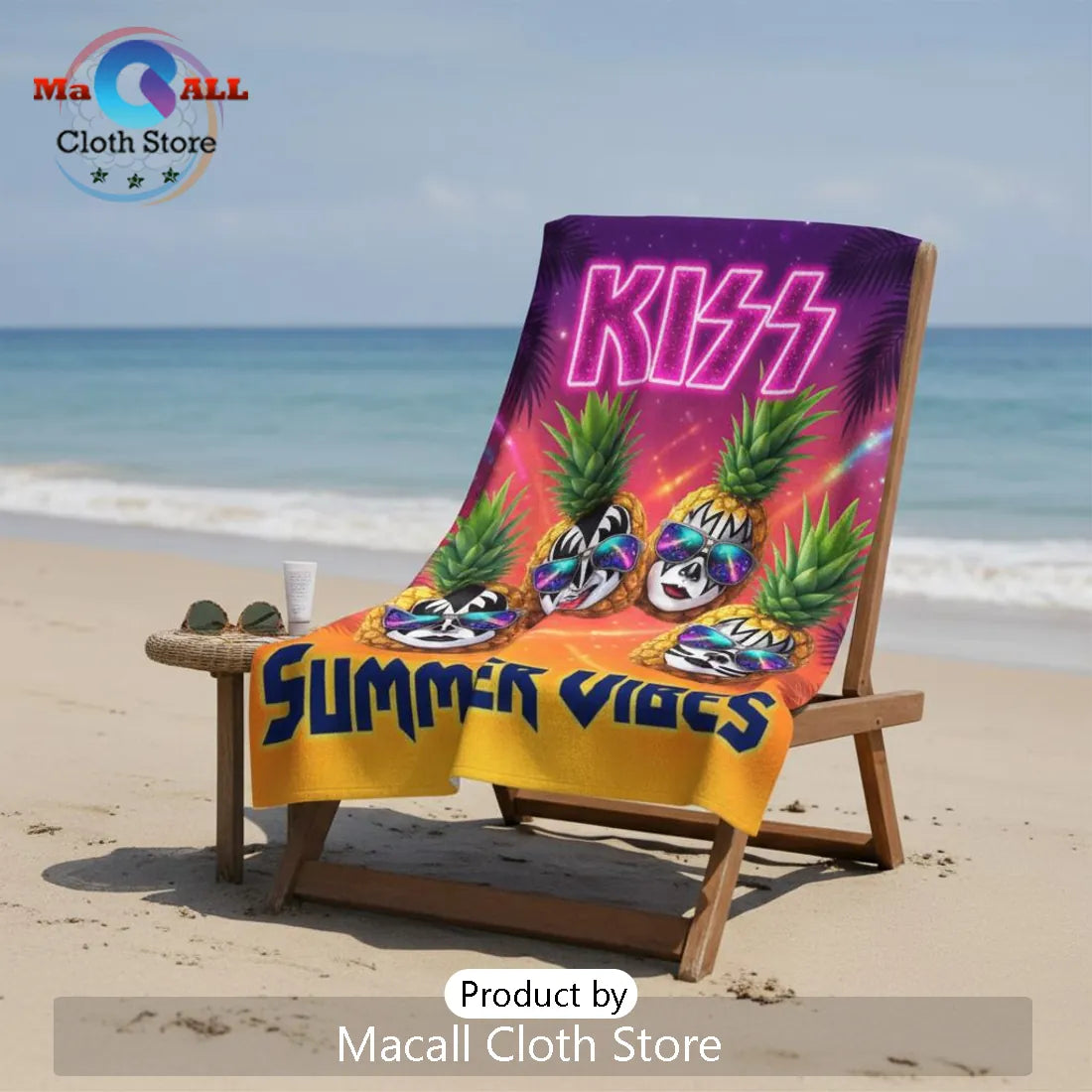 KISS Summer Vibes Rock Band Neon Pineapple Premium Beach Towel