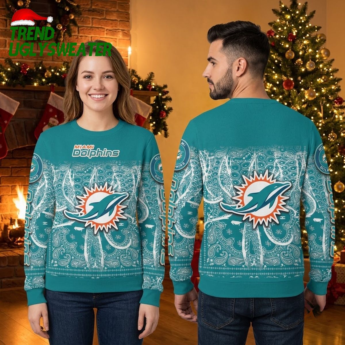 Miami Dolphins Bandana Pattern Ugly Christmas Sweater Design