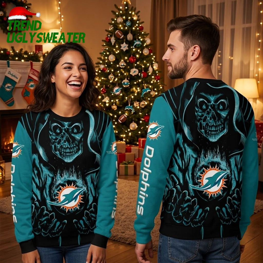 Miami Dolphins Death Skull Ugly Christmas Sweater