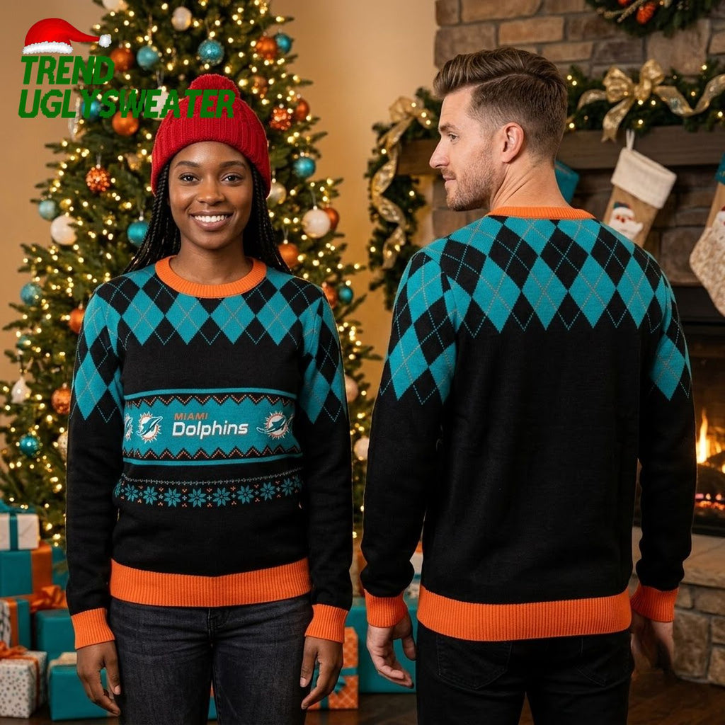 Miami Dolphins Diamond Pattern Ugly Christmas Sweater