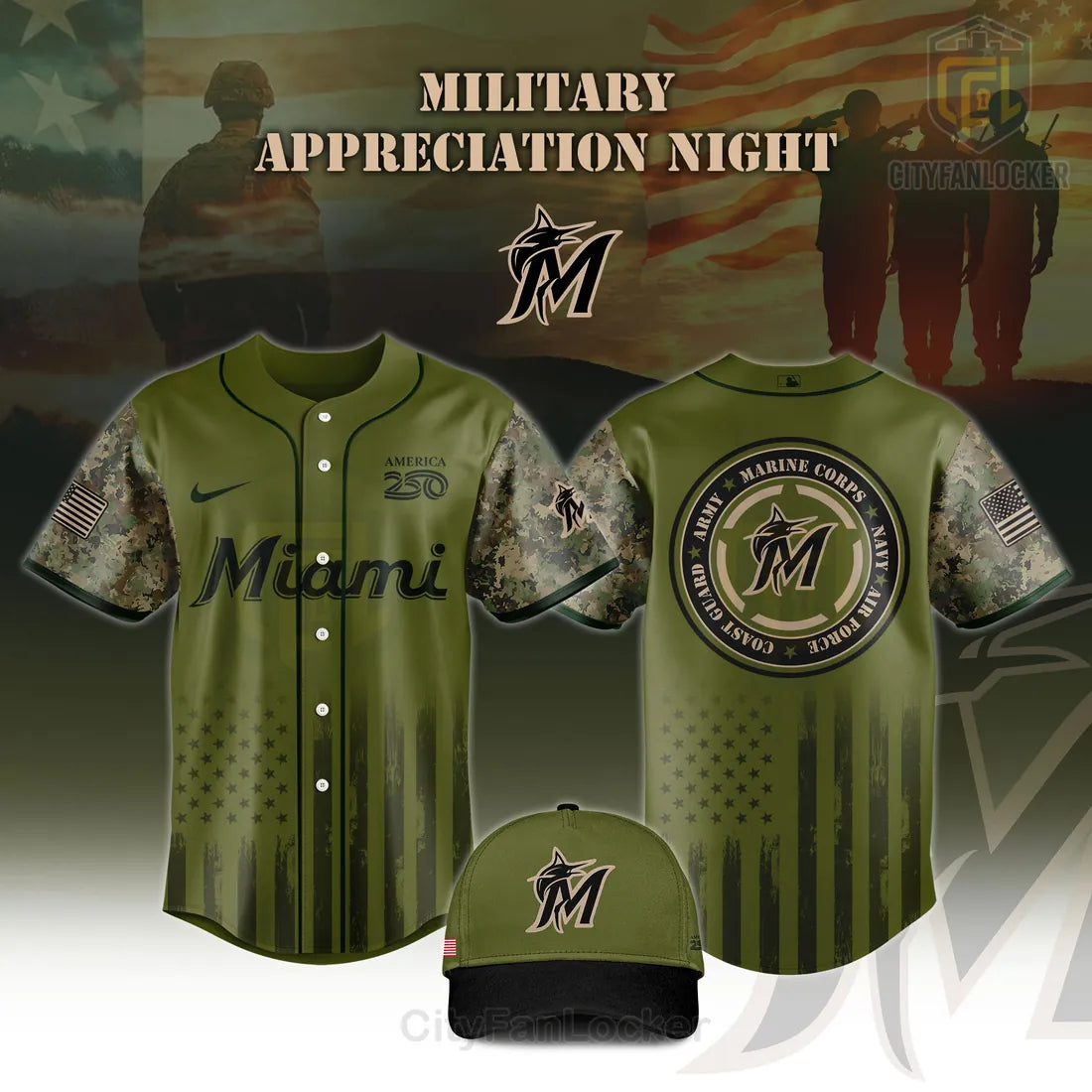MLB Miami Marlins Military Appreciation America 250 Baseball Jersey