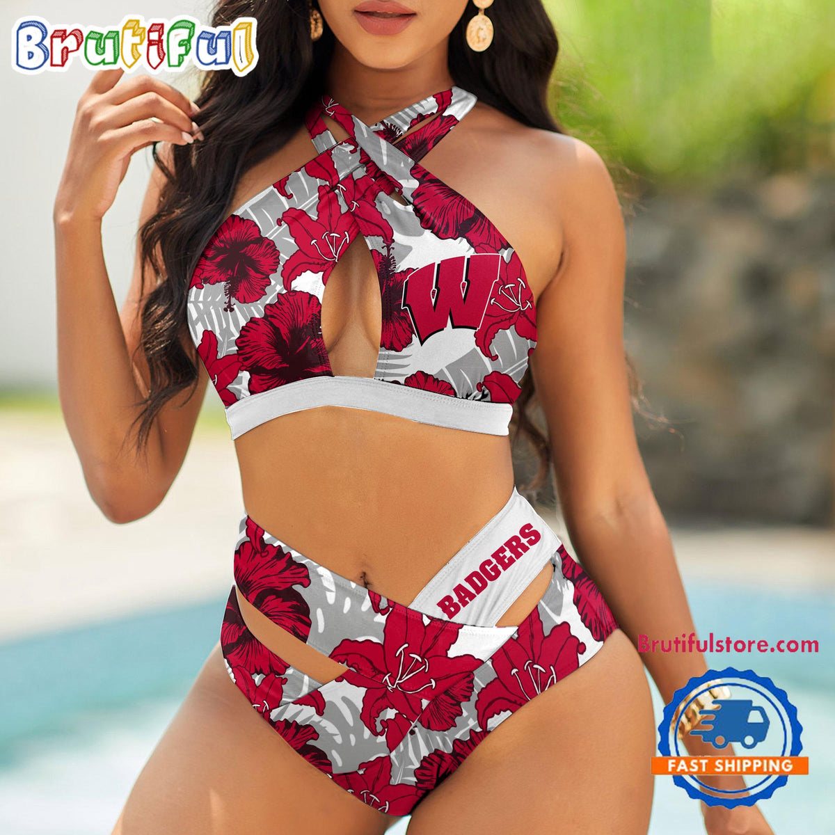 NCAA Wisconsin Badgers Hawaiian Pattern Summer Beach Women’s Bikini Set
