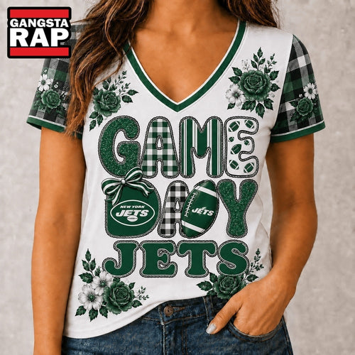 New York Jets NFL Football Flowers Team Pride V Neck T Shirt