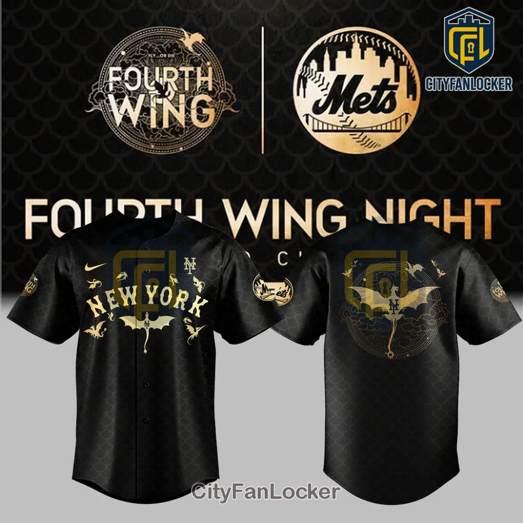 New York Mets x Fourth Wing Black Gold Dragon Baseball Jersey