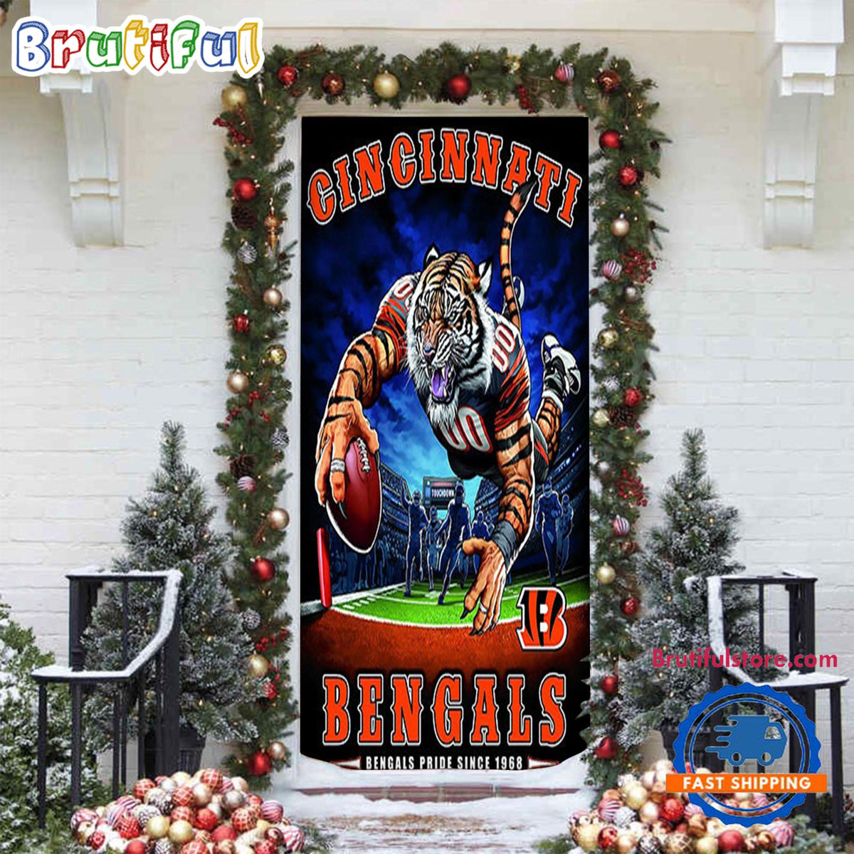 NFL Cincinnati Bengals Mascot Football Christmas Door Cover, Football Xmas Door Cover