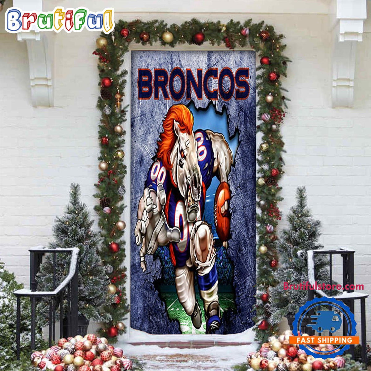 NFL Denver Broncos Football Team Christmas Door Cover, Football Christmas Door Wrap
