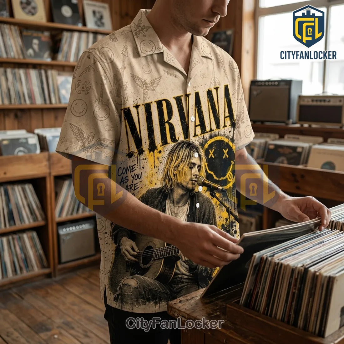 Nirvana Kurt Cobain Vintage Beige Hawaiian Shirt
