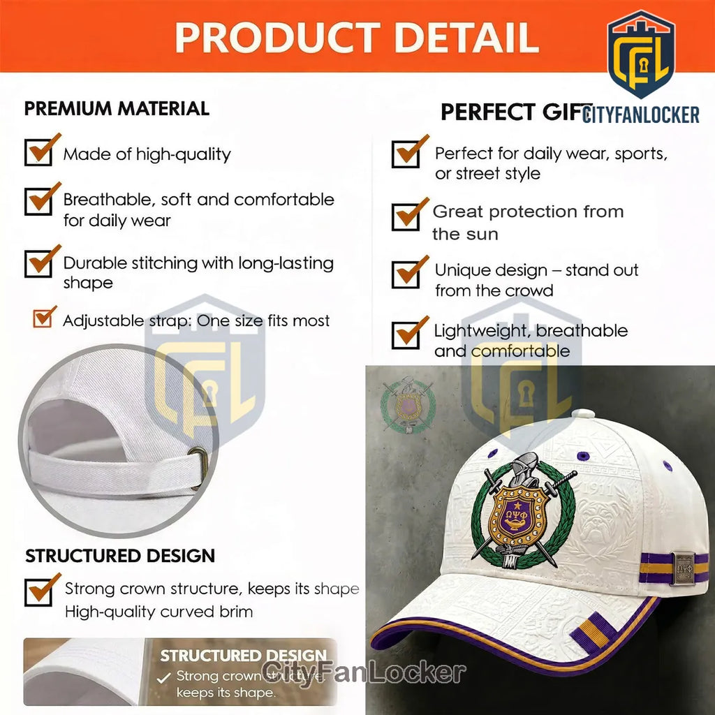 Omega Psi Phi 1911 Crest Purple and Gold White Baseball Cap