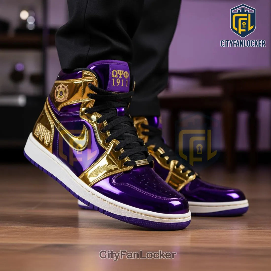 Omega Psi Phi 1911 Metallic Gold & Purple Custom Air Jordan 1 High Top Sneakers