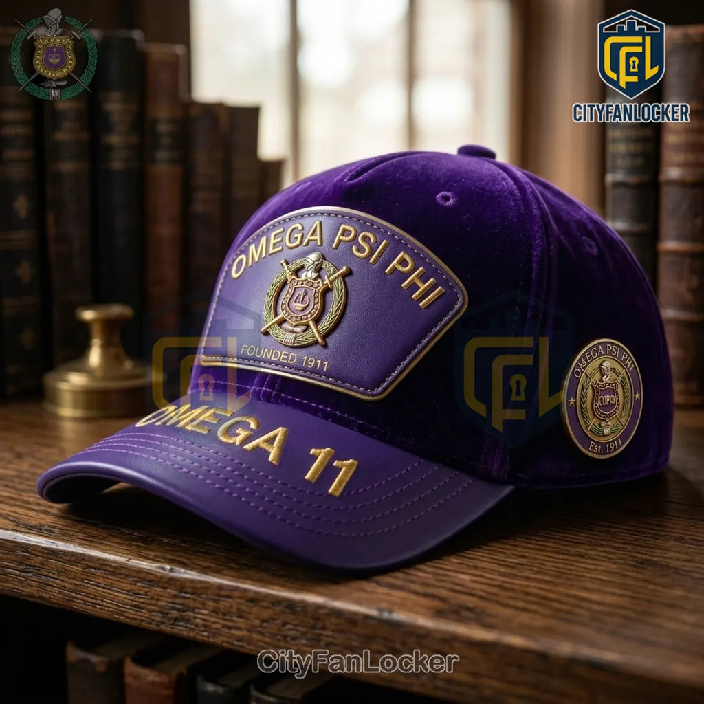 Omega Psi Phi Fraternity Purple Velvet Gold Crest Cap