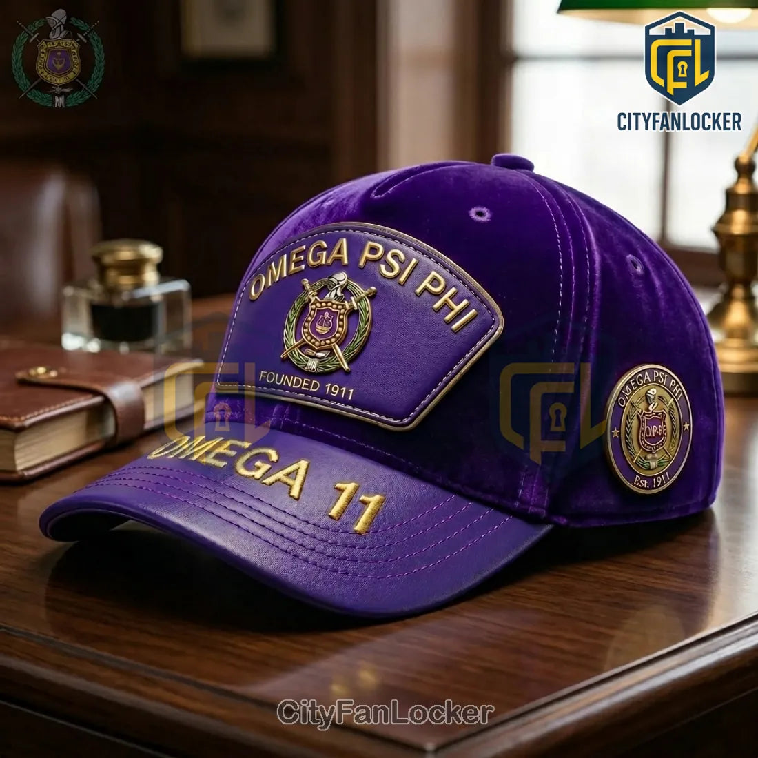 Omega Psi Phi Fraternity Purple Velvet Gold Crest Cap