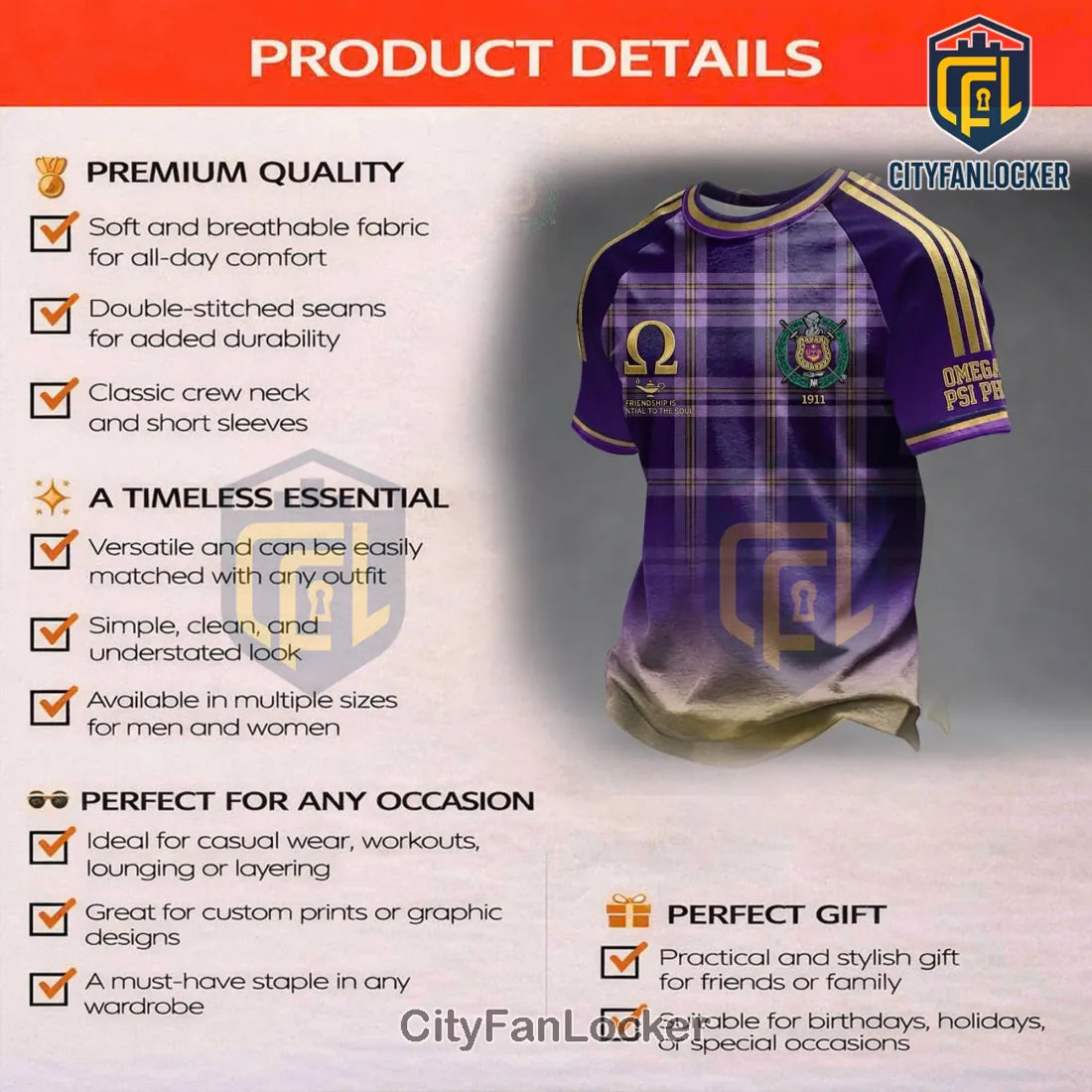 Omega Psi Phi Plaid Purple Gold Gradient Fraternity T-Shirt