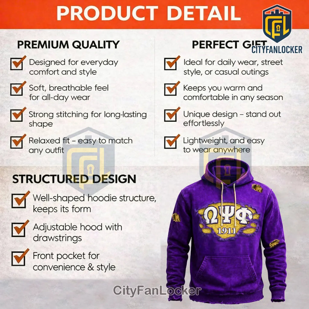 Omega Psi Phi Que Dawg Distressed Purple Vintage Hoodie
