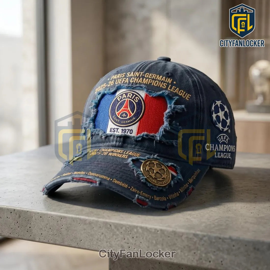 Paris Saint-Germain 2025-26 Champions League Distressed Baseball Cap
