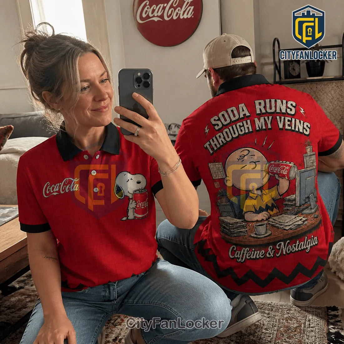 Peanuts x Coca-Cola Snoopy and Charlie Brown Red Polo Shirt