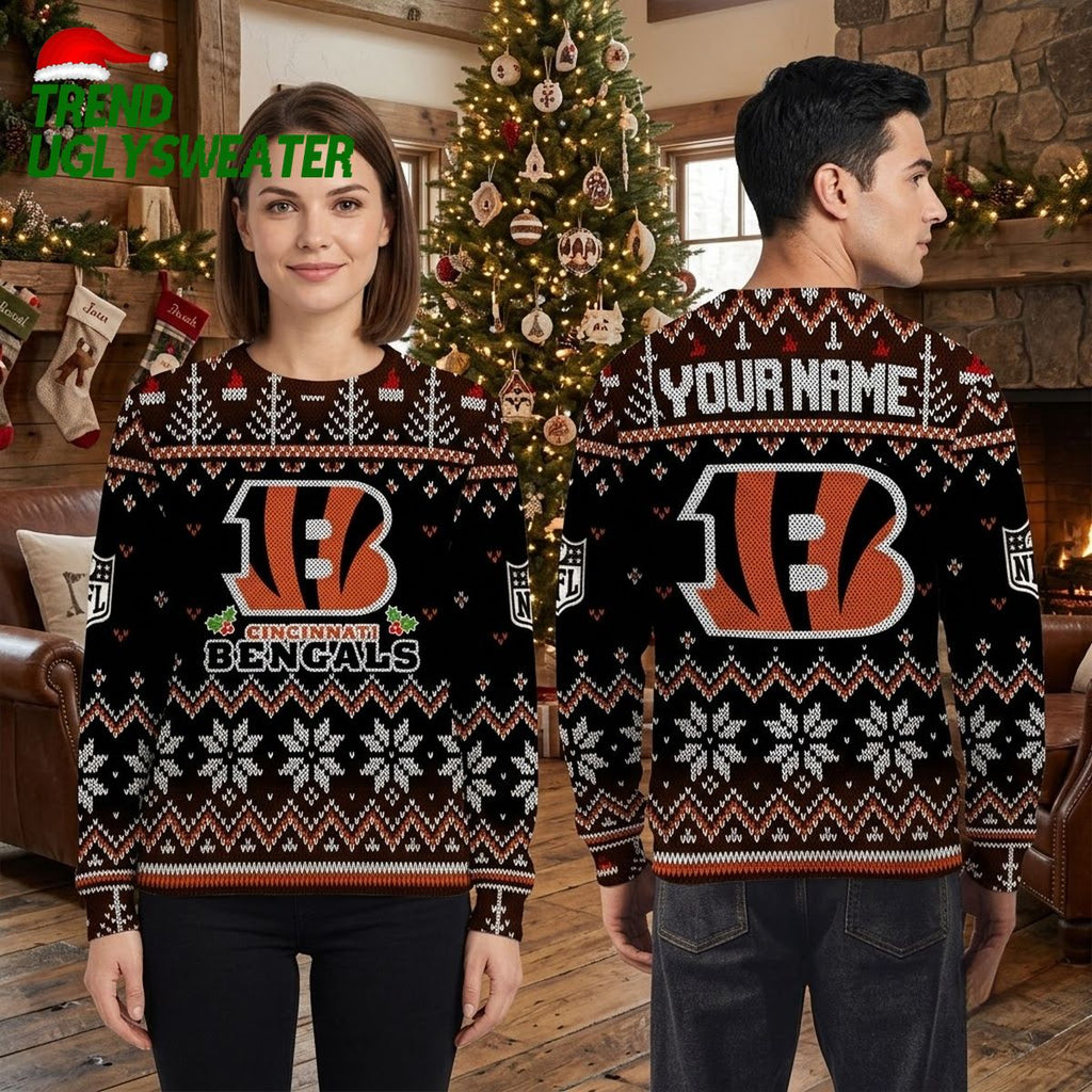 Personalized Cincinnati Bengals Logo Snowflake Custom Name Ugly Christmas Sweater