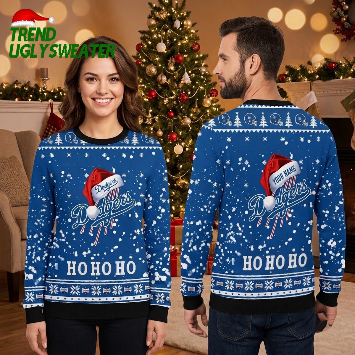 Personalized Dodgers Santa Hat Logo Custom Name Ugly Christmas Sweater