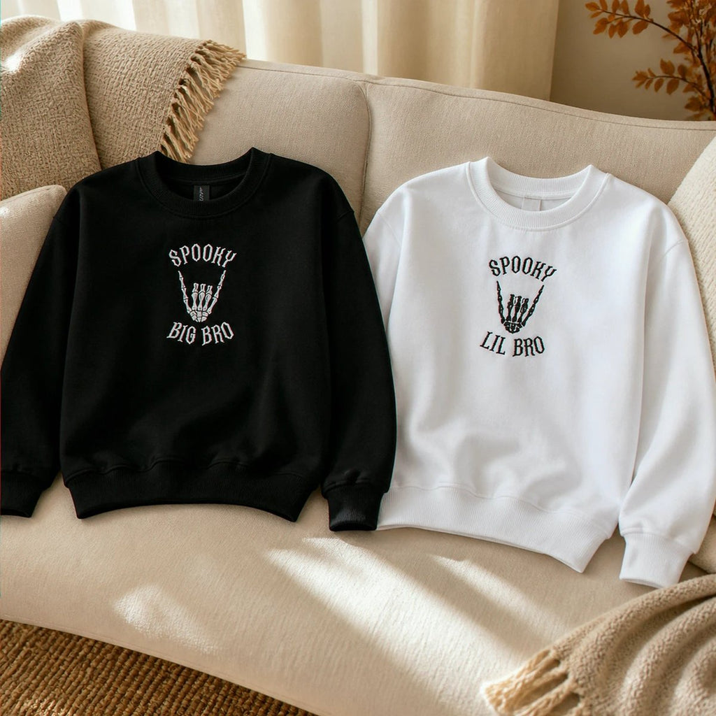 Personalized Halloween Sibling Kids Sweatshirt - Embroidered Spooky Big Bro Lil Bro Matching Sweater
