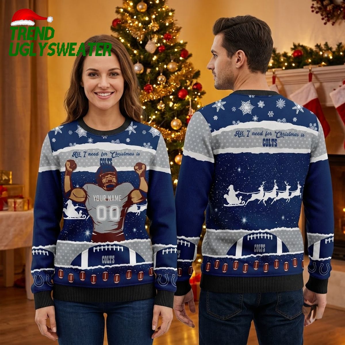 Personalized Indianapolis Colts Rushing Football Player Custom Name And Number Ugly Christmas Sweater
