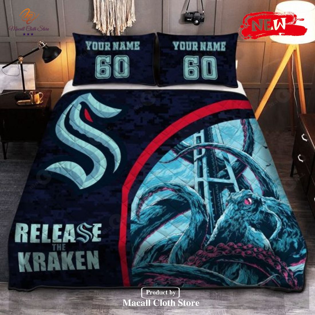 Personalized Name Number Seattle Kraken Quilt Bedding Set
