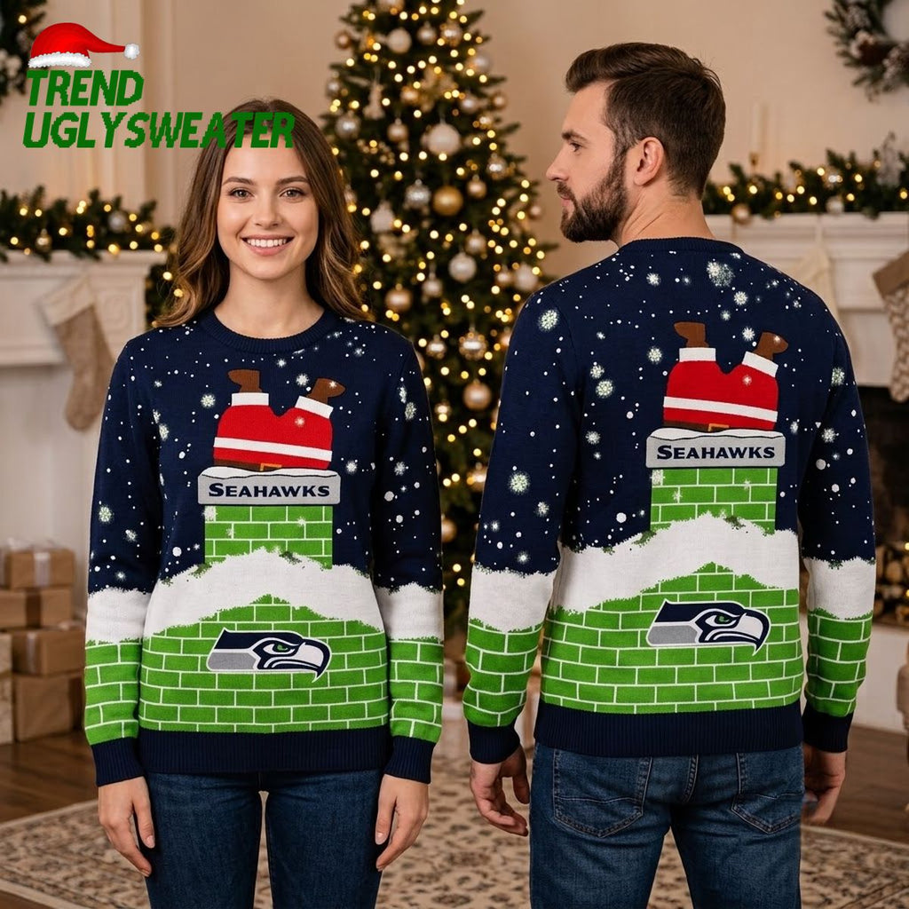 Seahawks Santa Chimney Personalized Custom Name Ugly Christmas Sweater