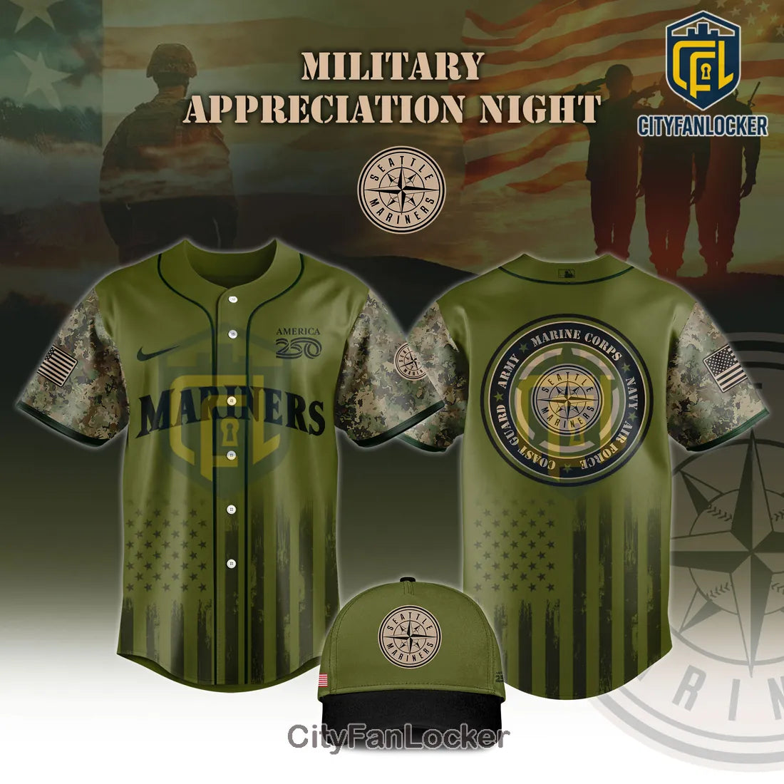 Seattle Mariners Military Appreciation America 250 Baseball Jersey