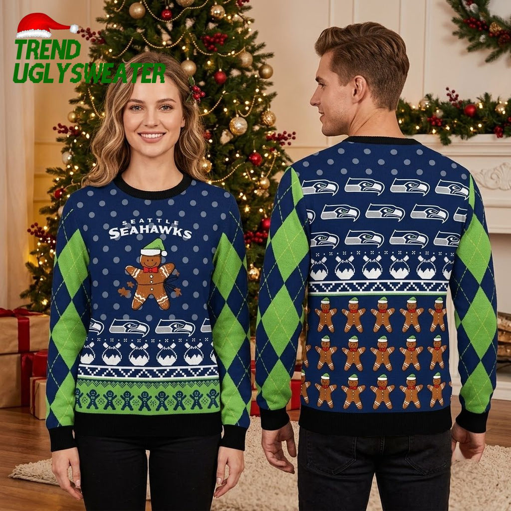 Seattle Seahawks Gingerbread Man Argyle Ugly Christmas Sweater