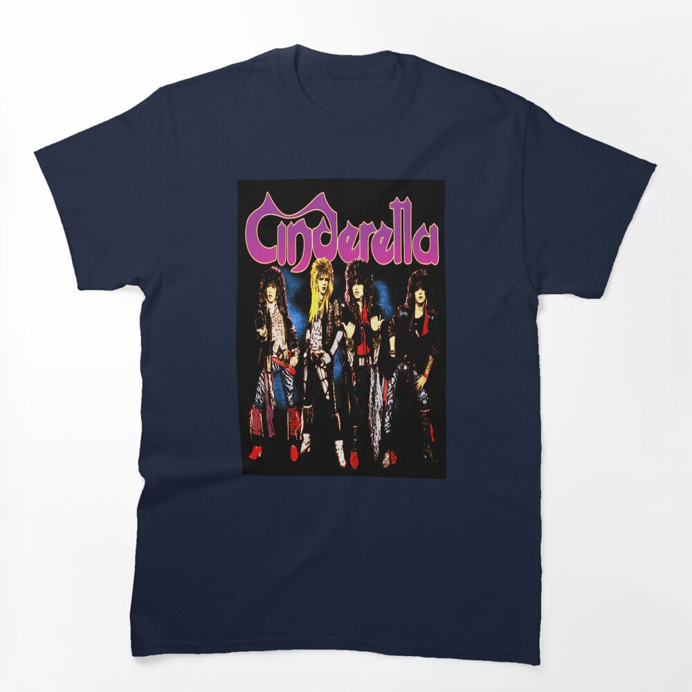 Long-Haired Rock Musicians Posing Under Purple Script Band Shirt