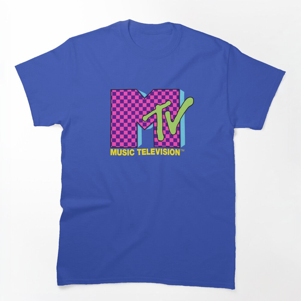 MTV Music Television Retro 80's Neon Pink Checkerboard Logo Shirt