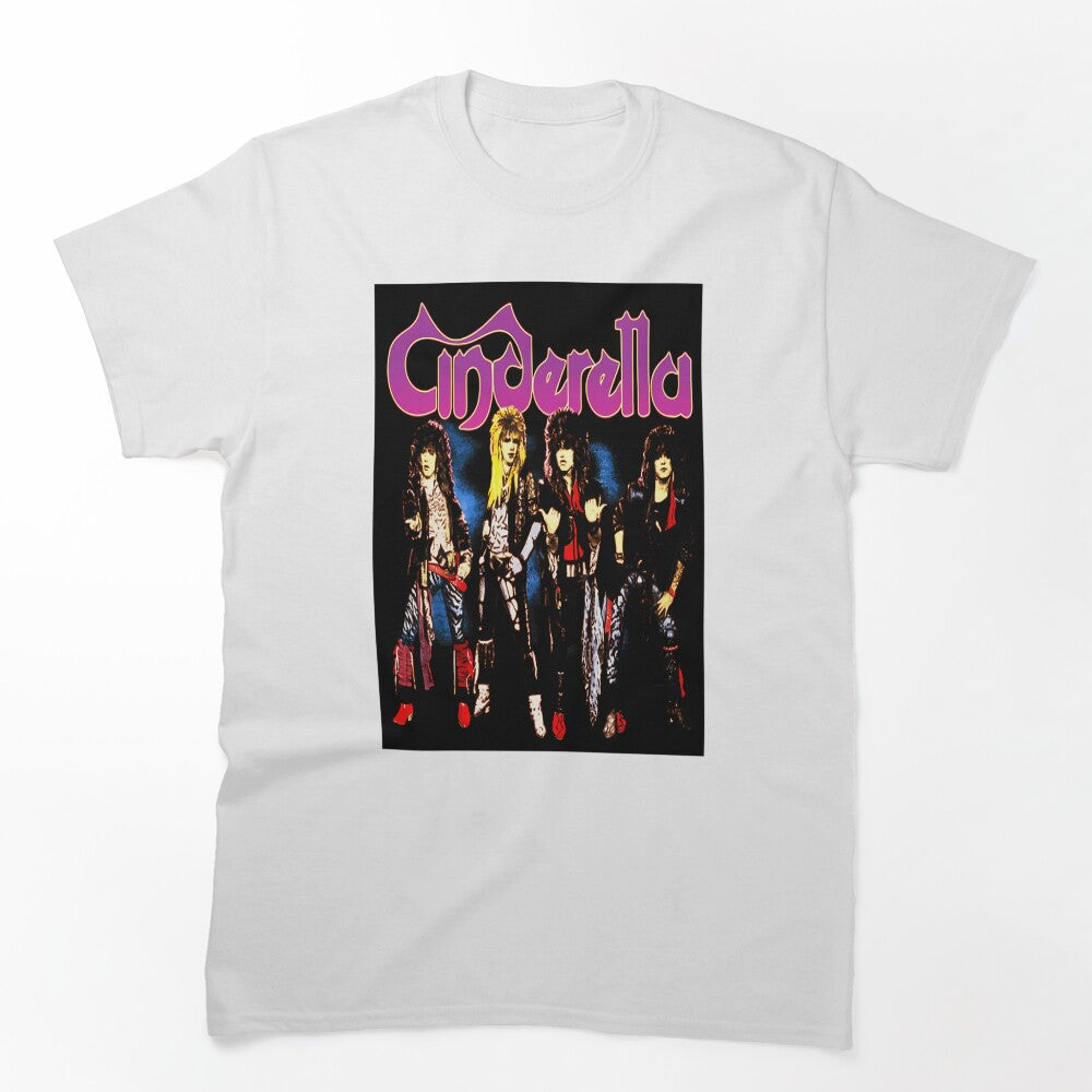 Long-Haired Rock Musicians Posing Under Purple Script Band Shirt