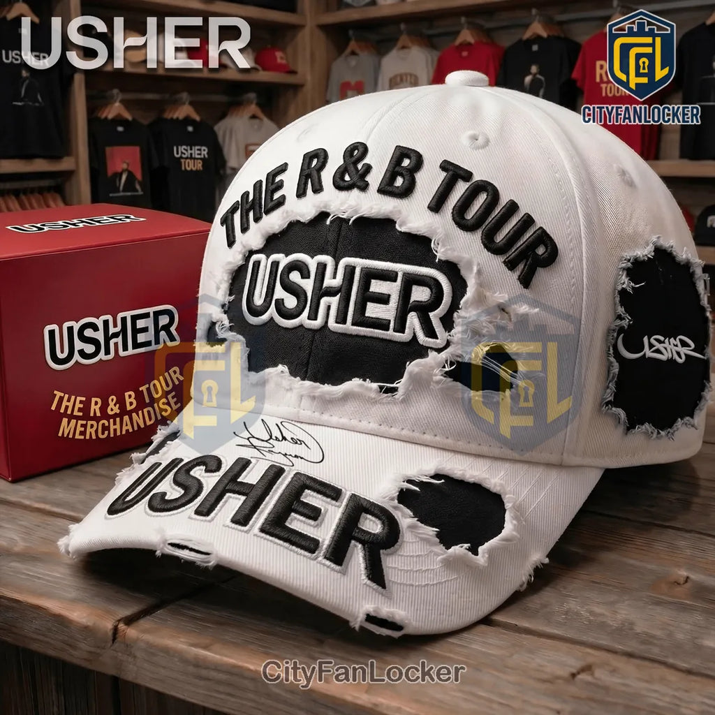 Usher The R&B Tour Distressed White Embroidered Logo Baseball Cap