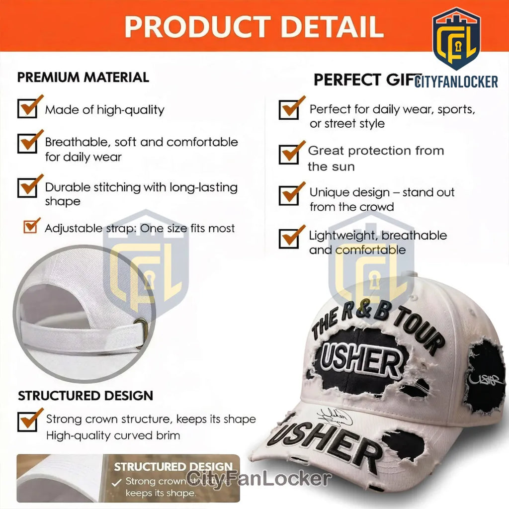 Usher The R&B Tour Distressed White Embroidered Logo Baseball Cap