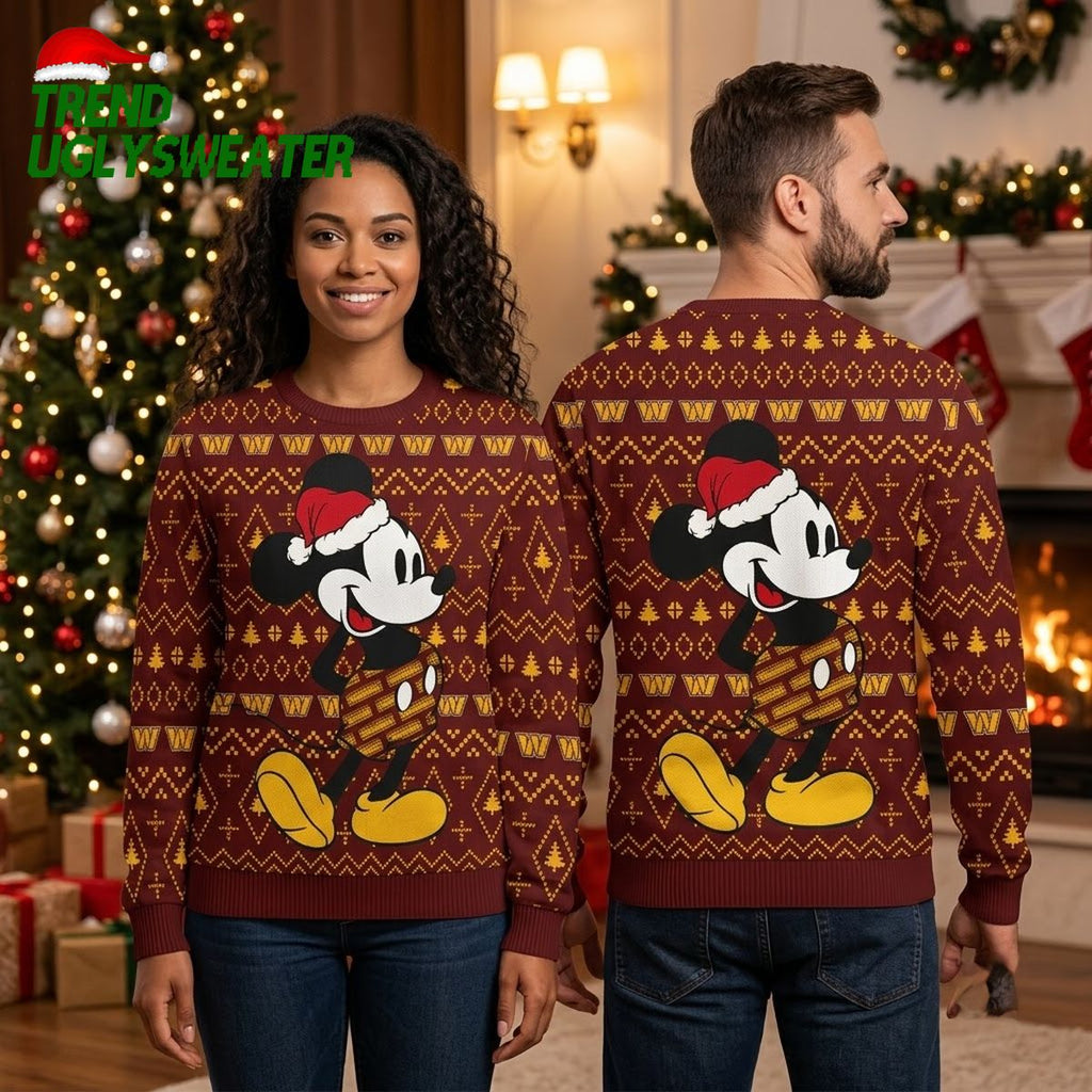 Washington Commanders Mickey Mouse Santa Hat Pattern Ugly Christmas Sweater